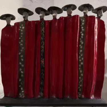 Sculpture en Céramique émaillée, Technique RAKU -  Drapé 7 Vietnamiens  16-I-2
