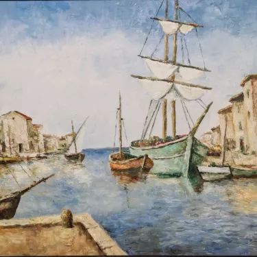 Large Two Masts at Dock - Oil on canvas - GLUZAC - M104