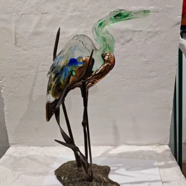 Gilded bronze and pâte de verre sculpture - Entitled “Heron and Reeds  by Yves Lohé (Born in 1947) (64)