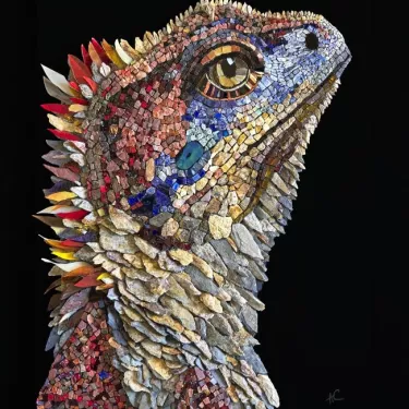 A stunning stone and glass mosaic creation titled “AGE DE PIERRE I,” a unique and original work by Agnès COURET (born in 1965)