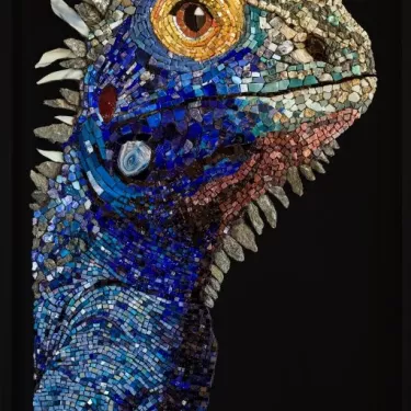 Natural Stone and Glass Mosaic Painting - Titled “BLUE IGUANA” - Work by Agnès COURET No. 9