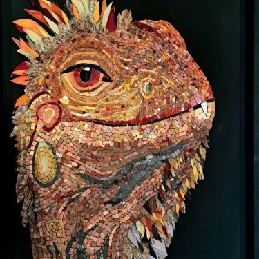 Natural Stone and Glass Mosaic Painting - Titled “RED IGUANA” - Work by Agnès COURET No. 19