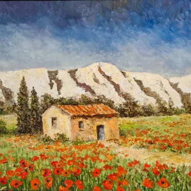 Petite Cabane entourée de Coquelicots aux pieds des Alpilles - Huile sur toile de Raymond GLUZAC (1952-2023) - A33
